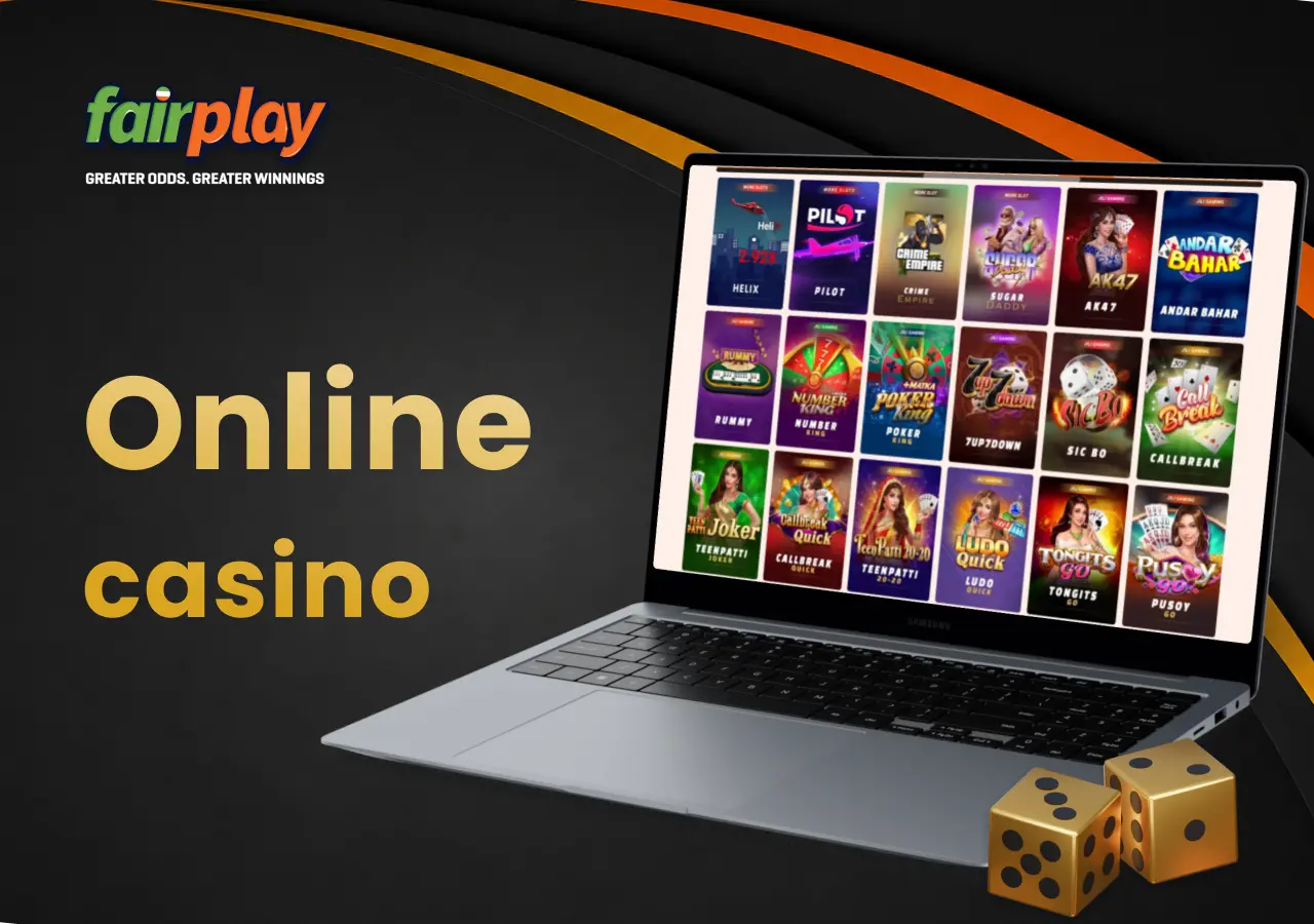 FairPlay casino games shown on a laptop with dice nearby